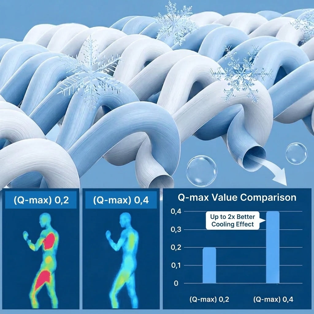 Illustration of woven fibers with snowflakes and a chart comparing cooling performance values.