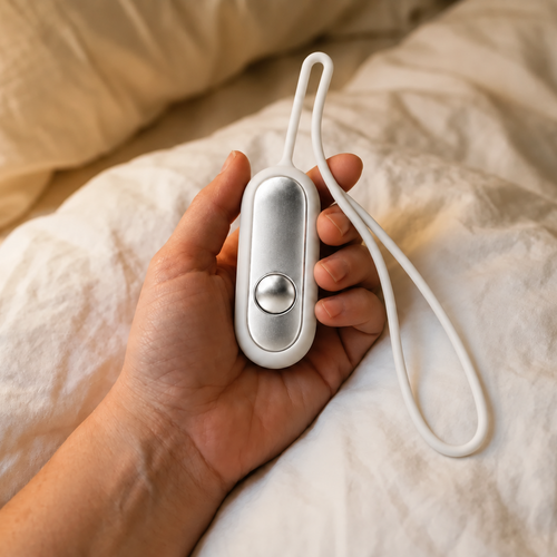 A hand holding a small oval silver device with a white loop strap, resting on white bedding.