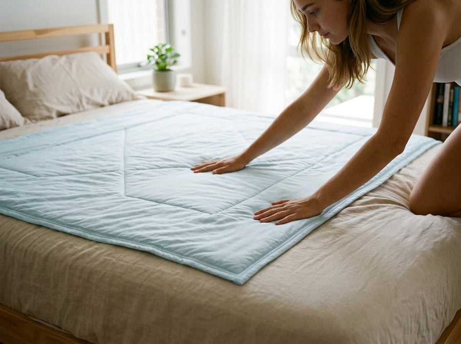 Light blue quilted blanket folded and laid across a neatly made bed.