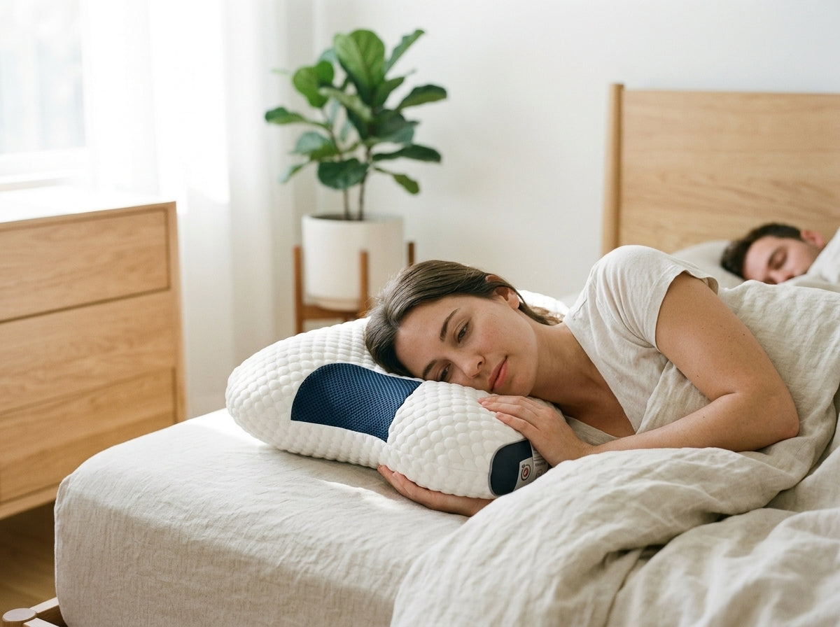 Woman sleeping on her side on the contour pillow, with a partner in the background.