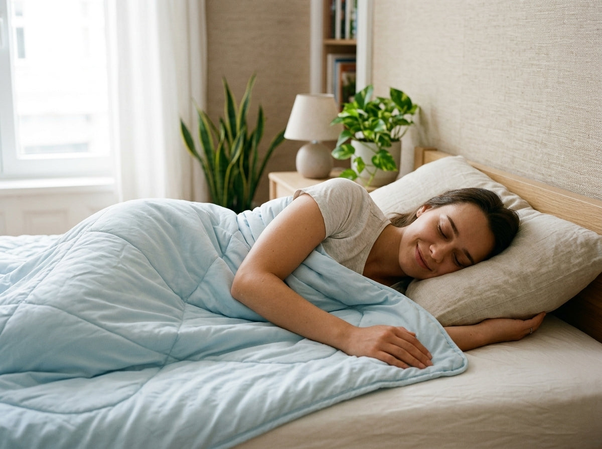 Woman lying in bed smiling, covered by a light blue quilted blanket.