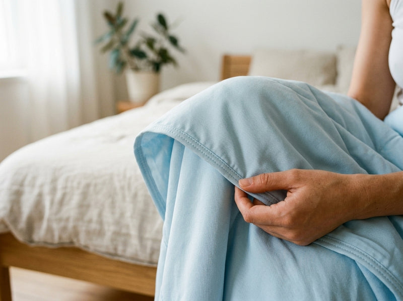 Close-up of a hand holding the folded edge of a light blue blanket.