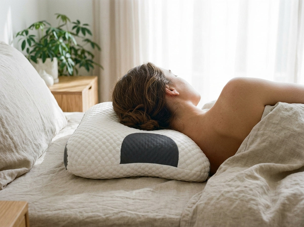 Woman lying on her back on the pillow, head turned to the side.