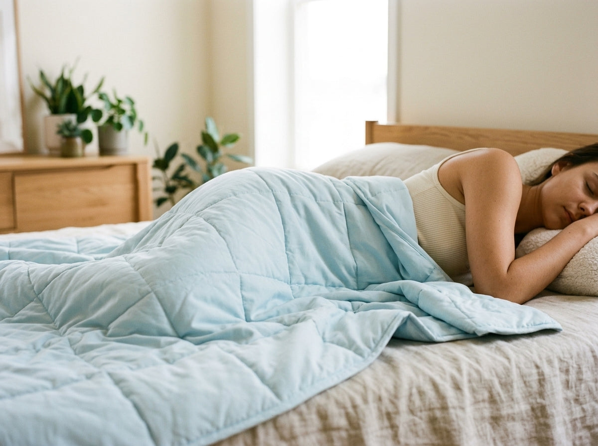 Woman sleeping on her side under a light blue quilted blanket.