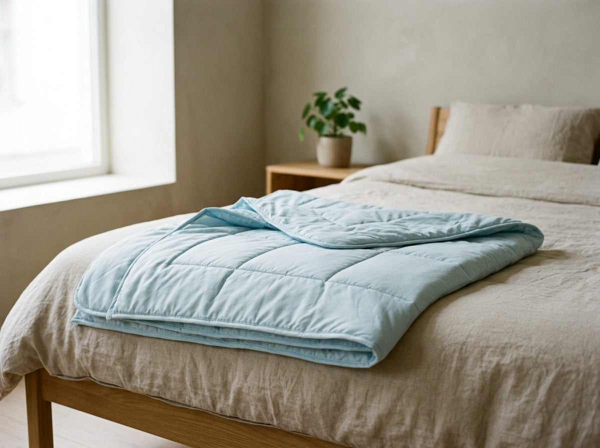 Light blue quilted blanket folded and laid across a neatly made bed.