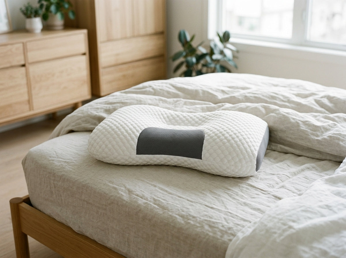 Contour pillow placed alone on a made bed.