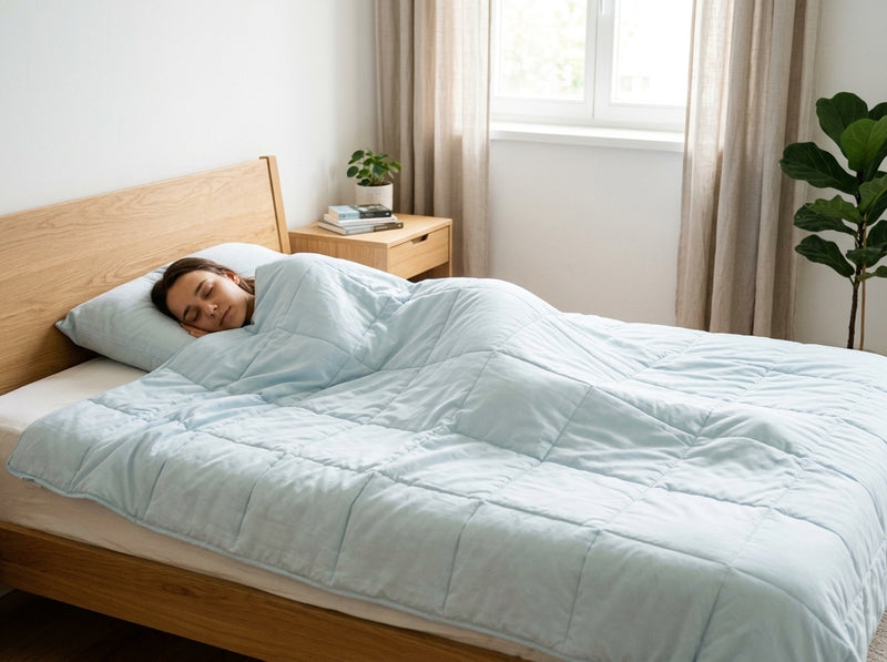 Woman sleeping under a light blue quilted blanket on a wooden bed frame.