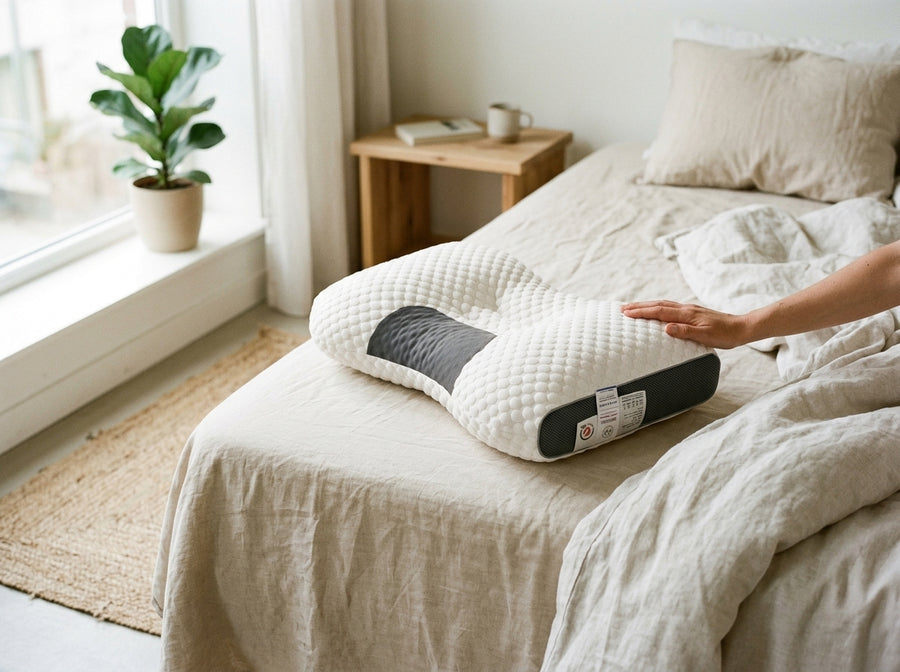 Contour pillow placed alone on a made bed.