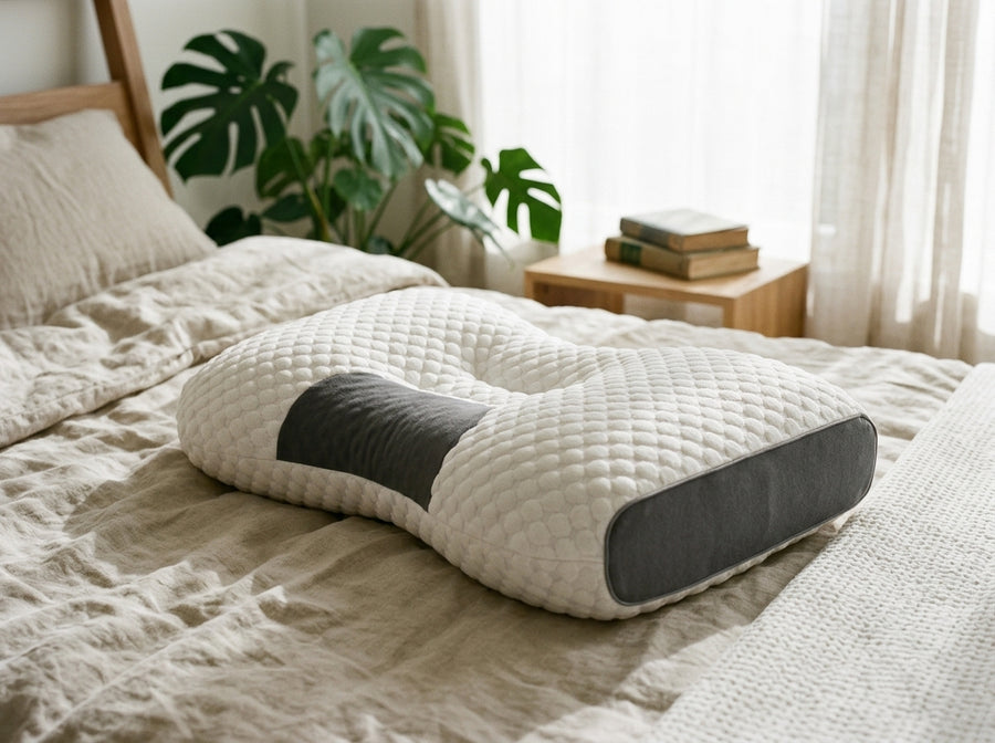 Close-up of the pillow's contour shape and dark knitted side panel on a bed.