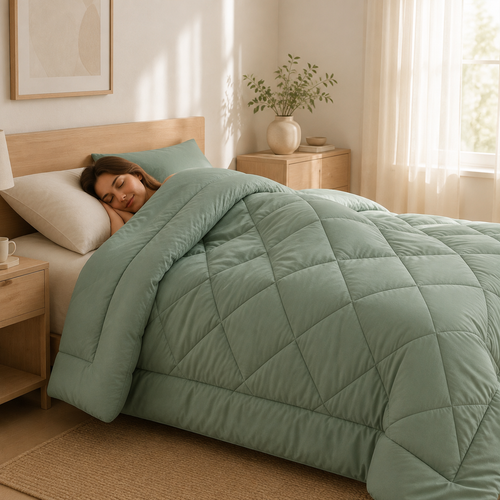 DreamWrap Coverless Duvet in Sage on a made bed in a bright Scandinavian bedroom