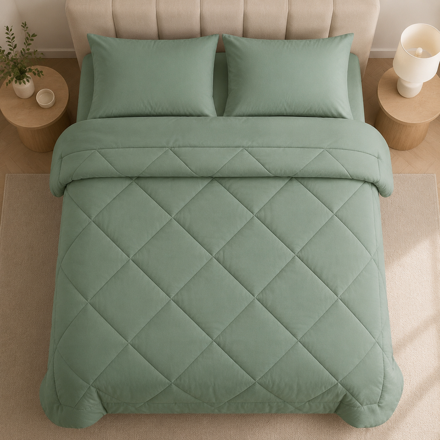DreamWrap Coverless Duvet in Sage — diamond quilting, two matching pillowcases included