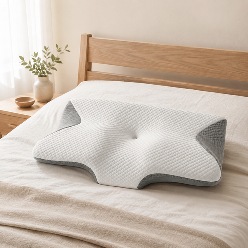 NeckCloud ergonomic neck support pillow in Grey on a made bed