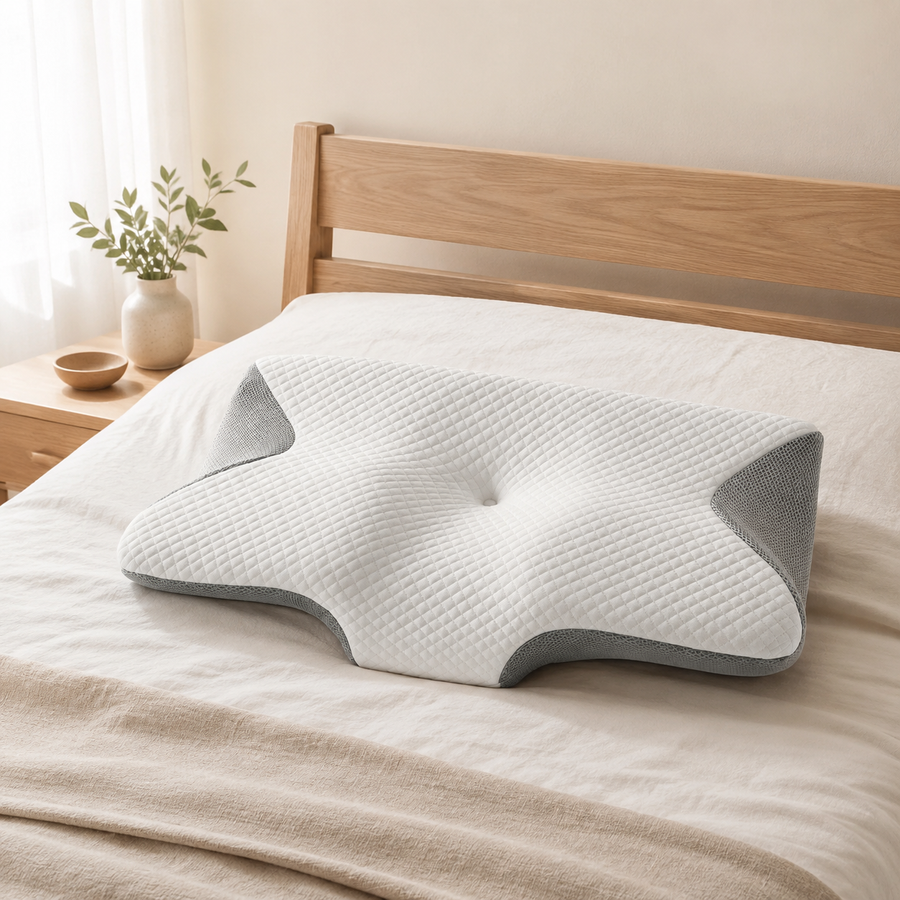 NeckCloud ergonomic neck support pillow in Grey on a made bed