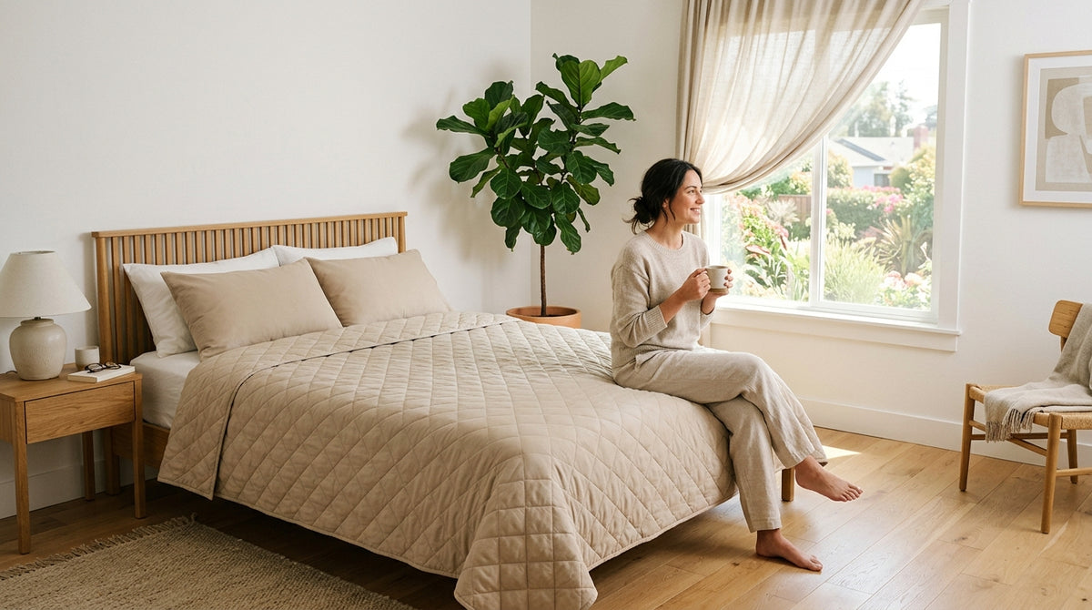 A made bed with a sage quilted duvet in a bright bedroom