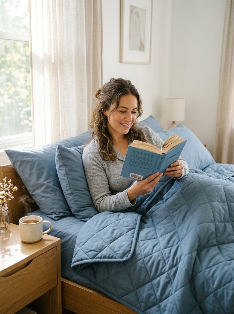 Reading in bed under DreamWrap in Blue