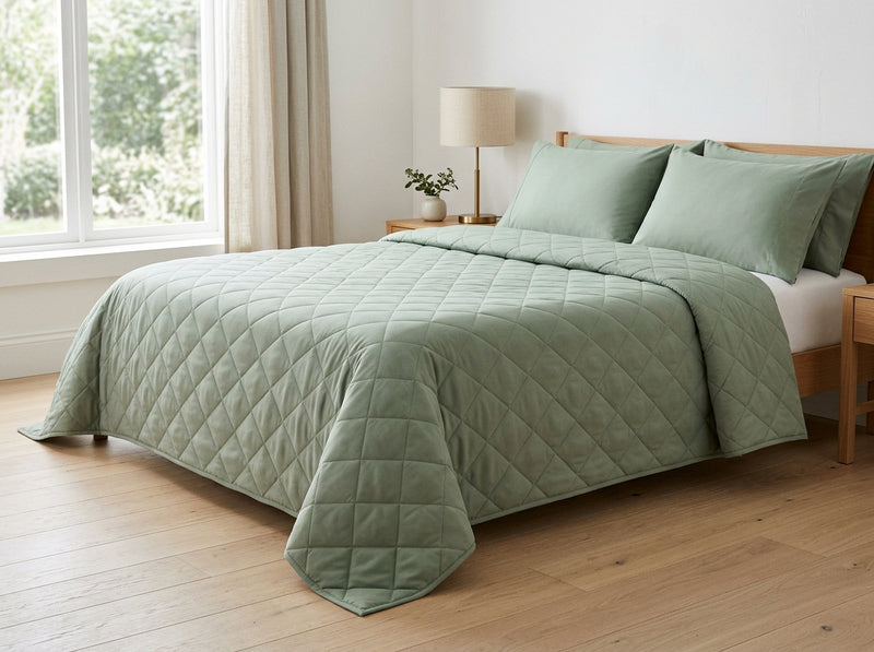 A made bed with DreamWrap in Sage