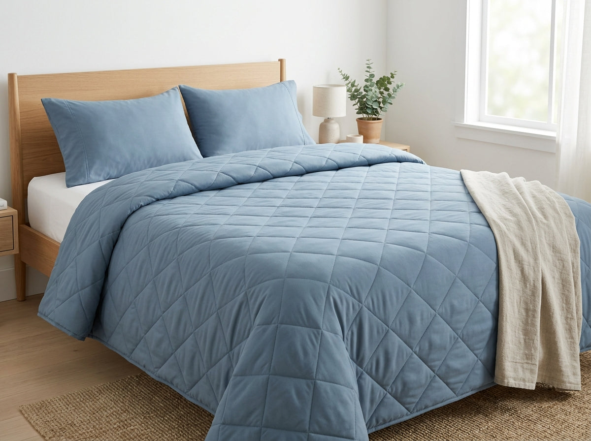 A made bed with a blue quilted duvet