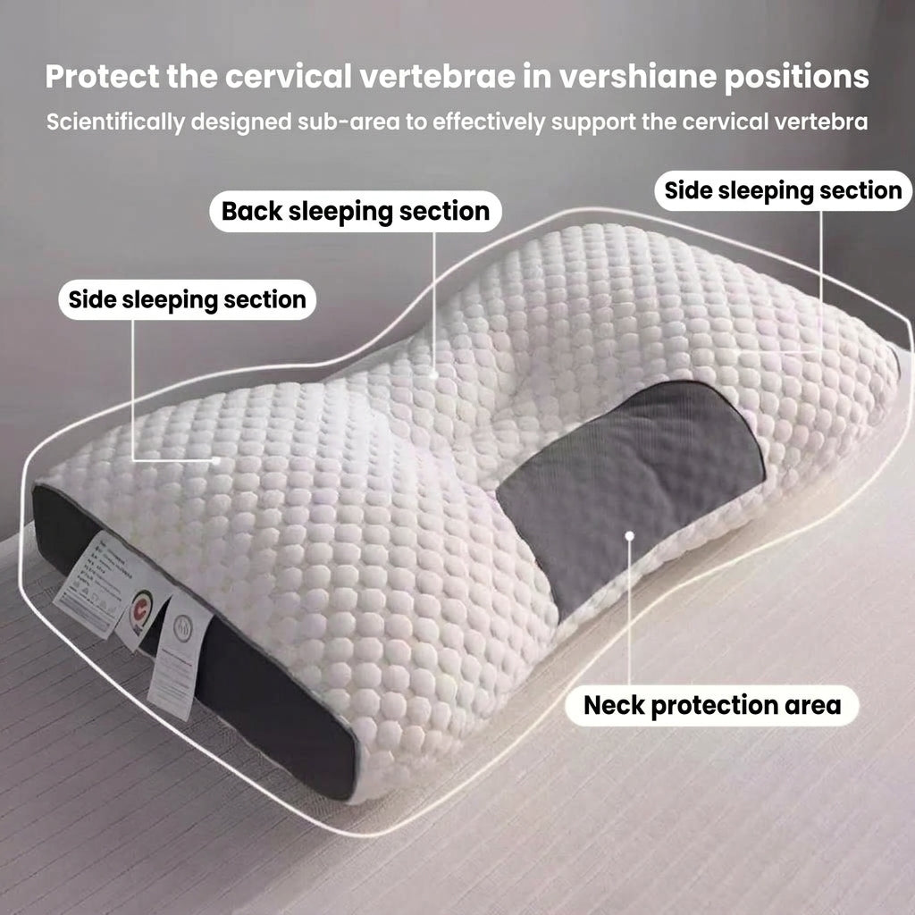 A white textured pillow being stretched by two hands against a gray background, with text reading 'High elasticity, machine washable' and 'Pulls without deformation, making every sleep easy and comfortable.'.