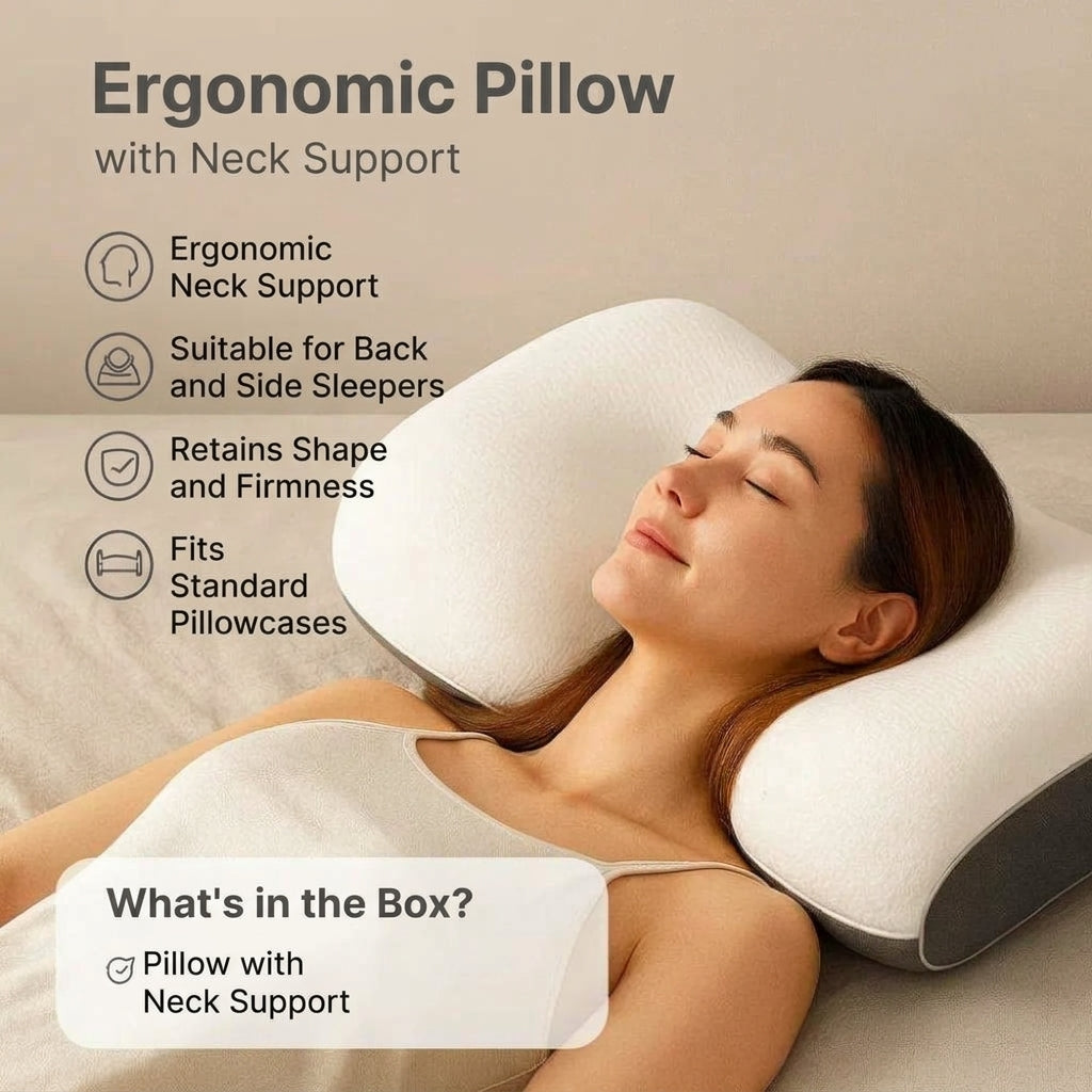 A woman lies on an ergonomic neck support pillow in a bedroom setting, with text callouts describing the pillow features and contents.